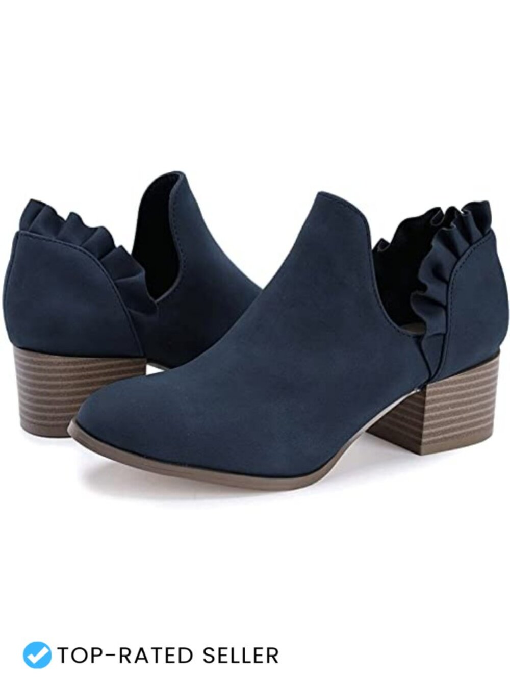Faux Leather Cutout Ankle Booties Low Stacked Heel Ruffle Slip On Dress Boots